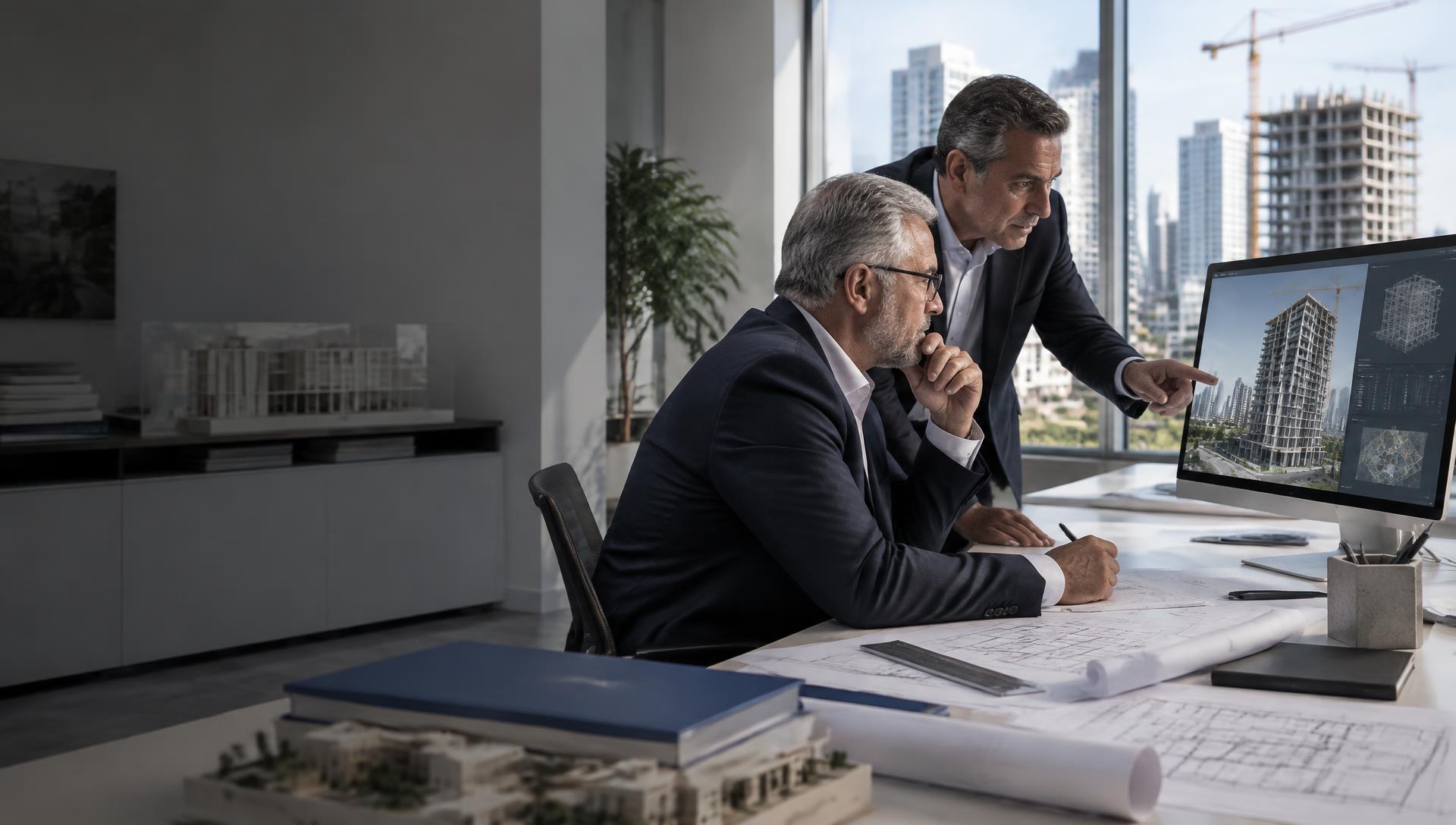 Executivos analisam um edifício em construção e projetos arquitetônicos